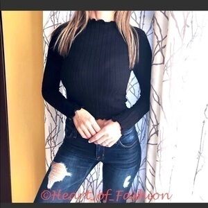 Mock Neck Lettuce Hem Cropped Ribbed Hacci Sweater